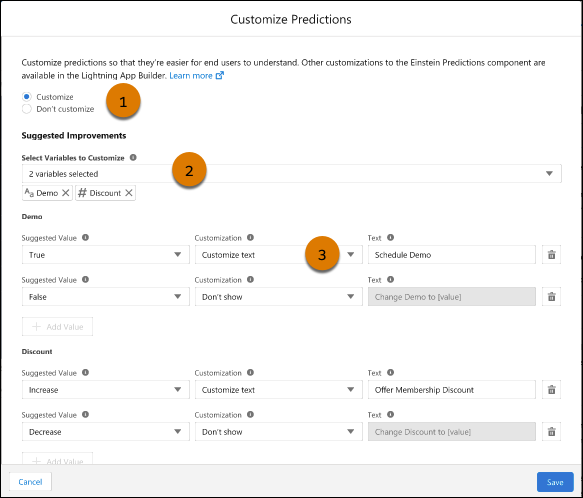 Janela Personalizar previsões com etapas numeradas