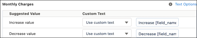 Especificar um texto personalizado para aumento ou diminuição de uma variável numérica