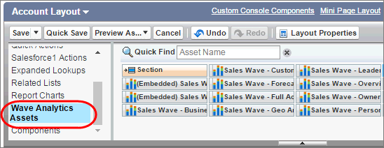版面配置編輯器調色盤中的 CRM Analytics 資產