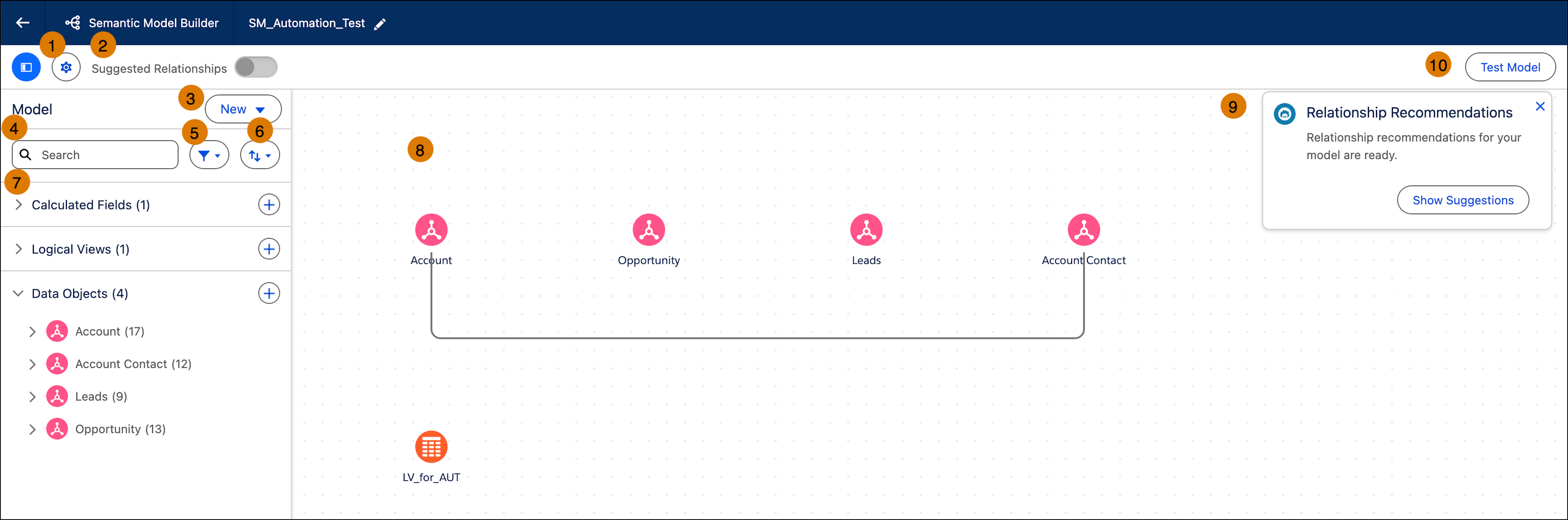 The Semantic Model Builder screen areas