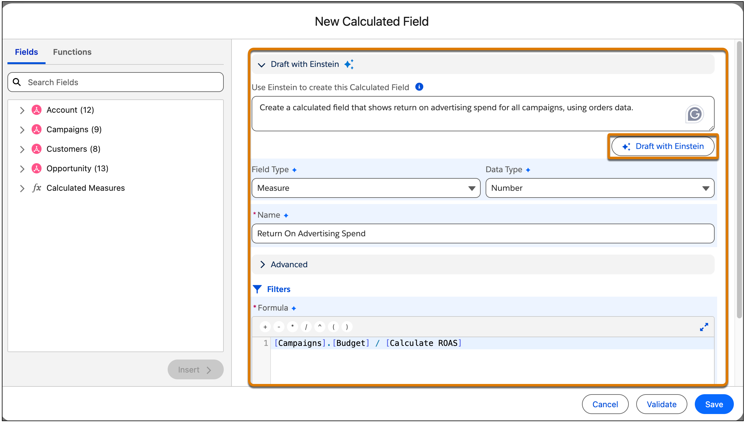 The Draft with Einstein suggestion on the New calculated field screen