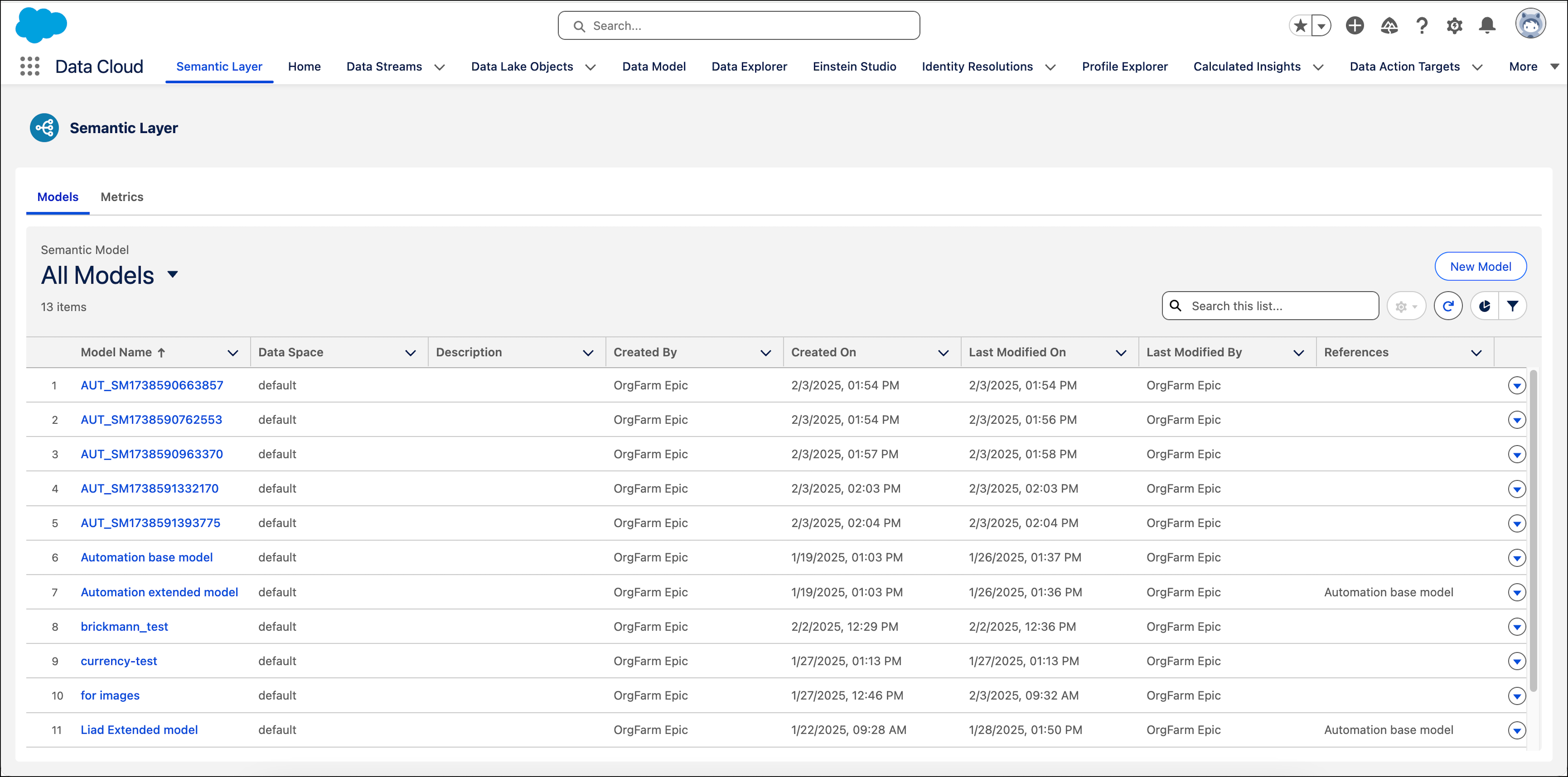The Semantic Layer tab in Data Cloud showing All Models