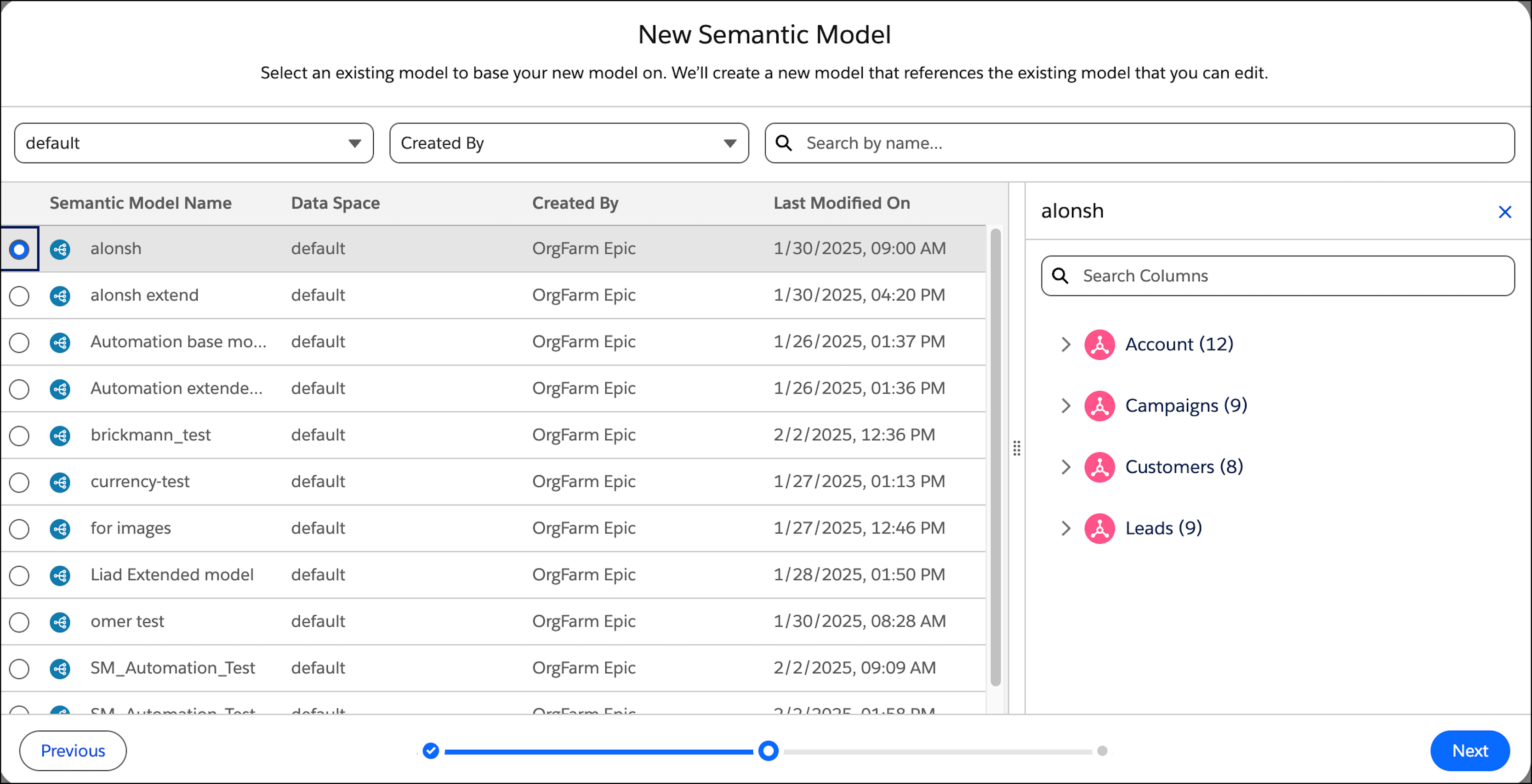 Selecting the needed Semantic Model in the New Semantic Model screen