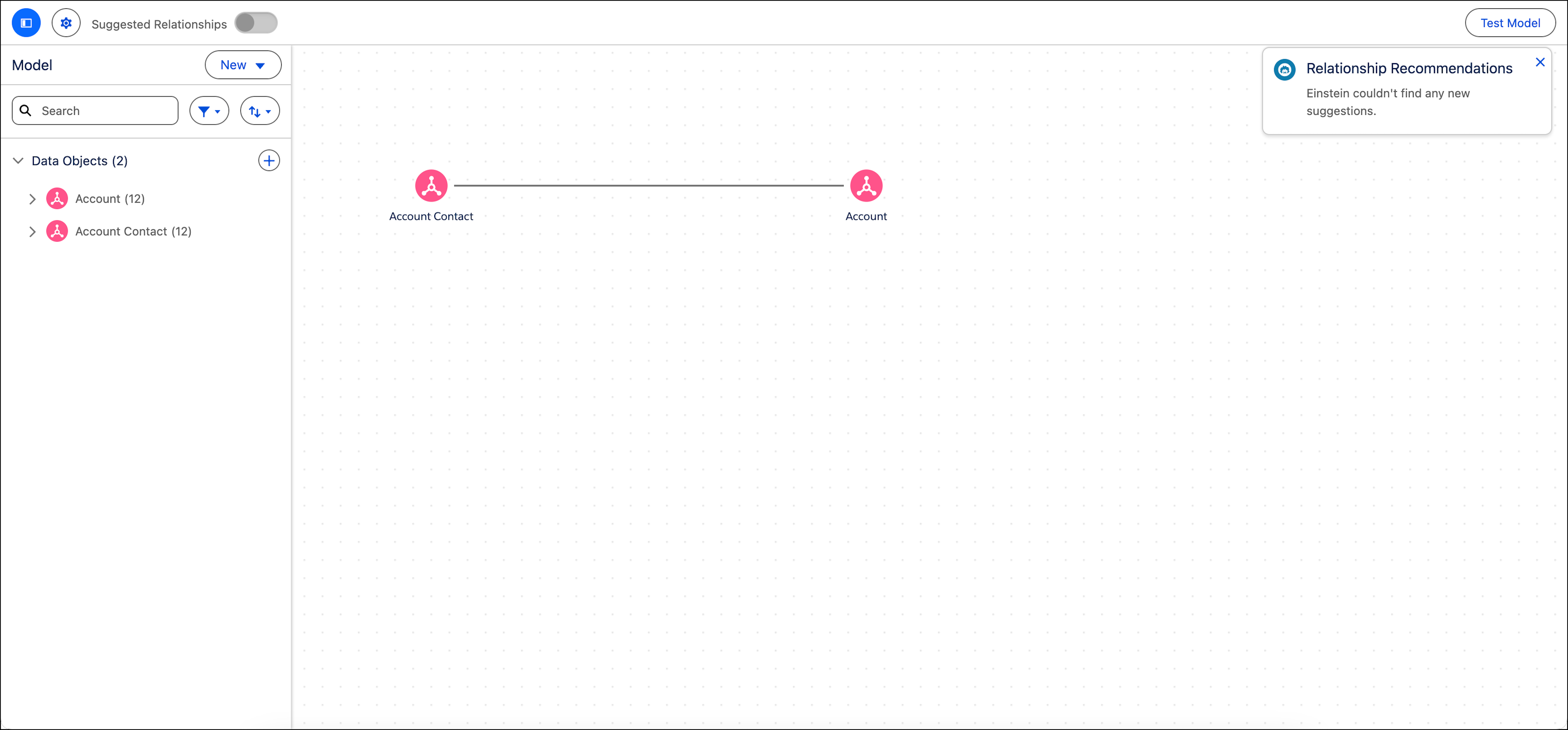 The model is shown along with a Relationship Recommendations message