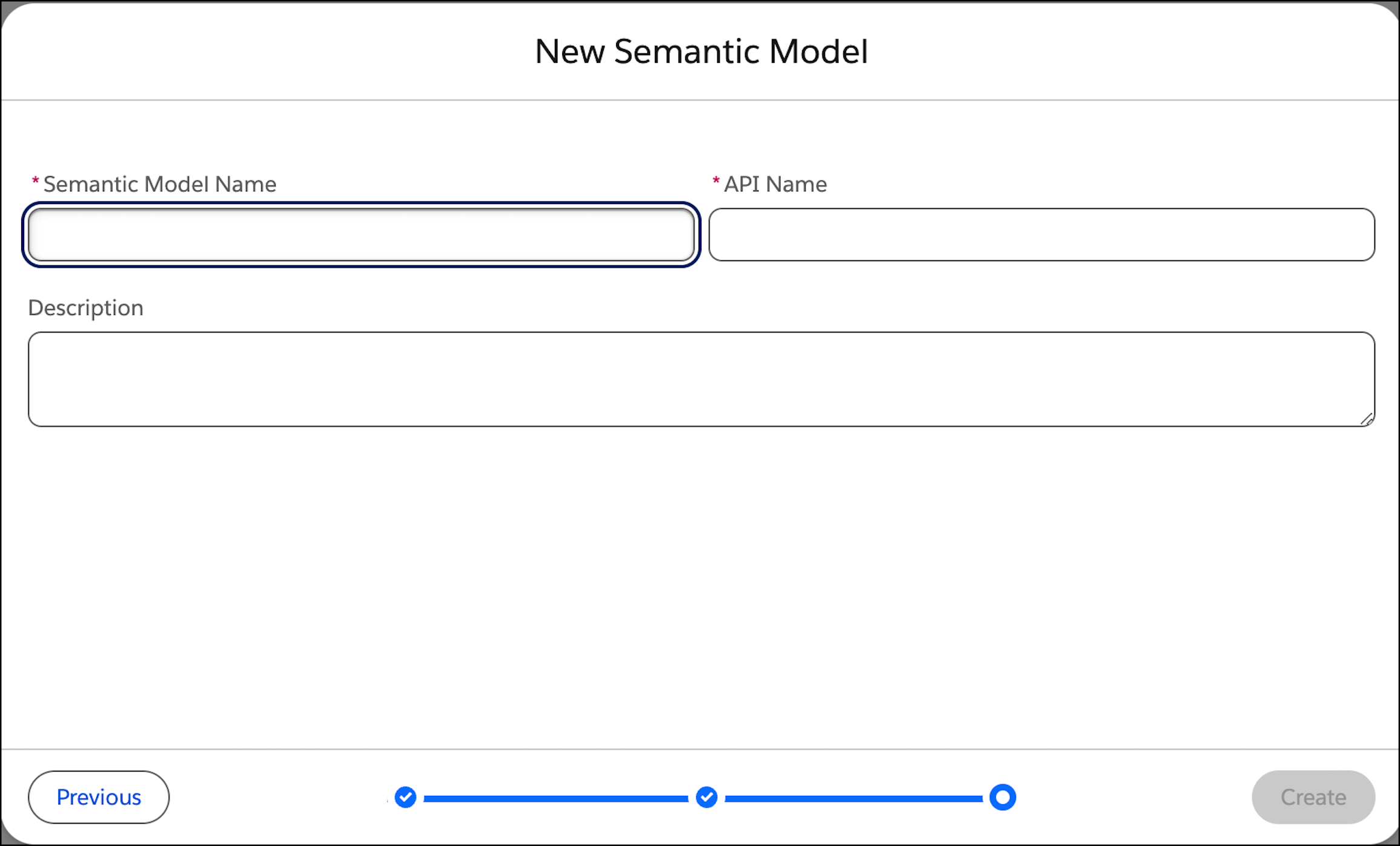 The information fields on the New Semantic Model screen