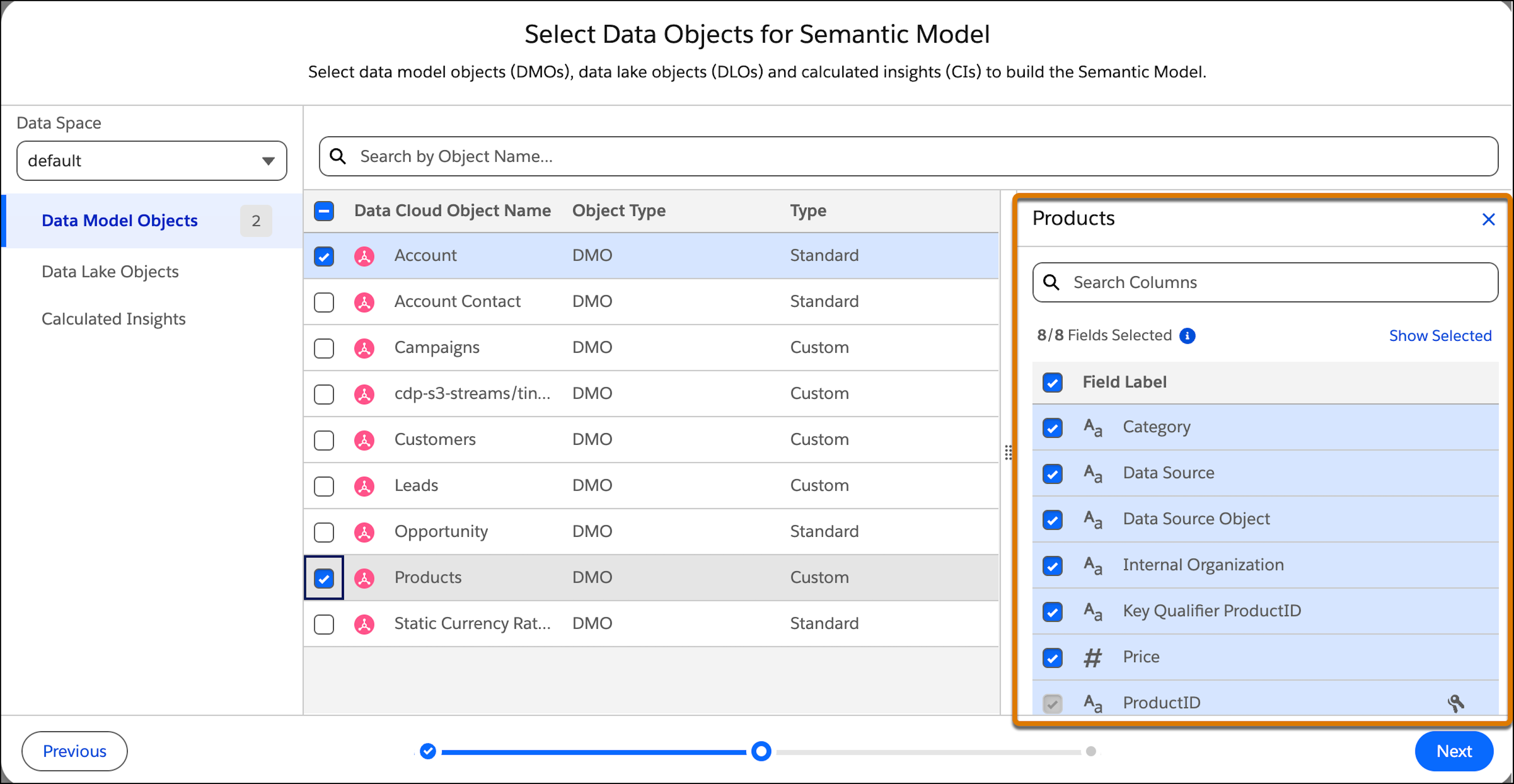 All object's fields listed on the right of a selected object