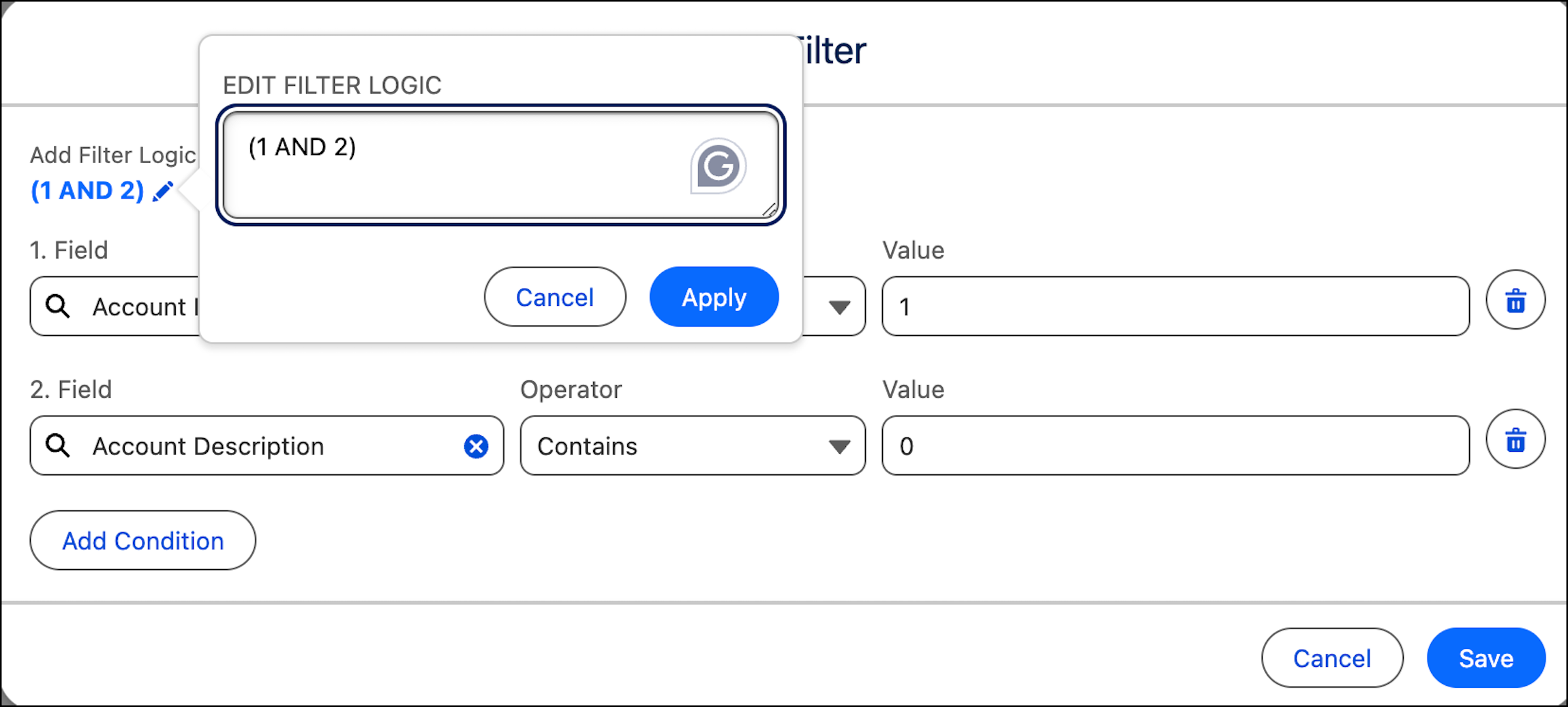 Defining how and when the filter conditions are applied in Add Filter Logic