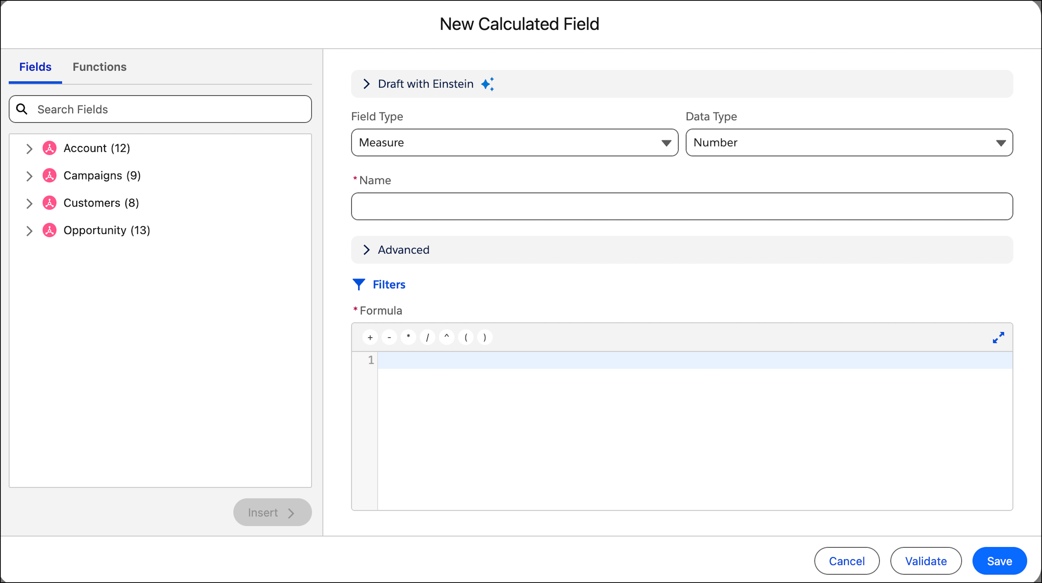 Selecting the type of calculated field under Field Type and adding filters