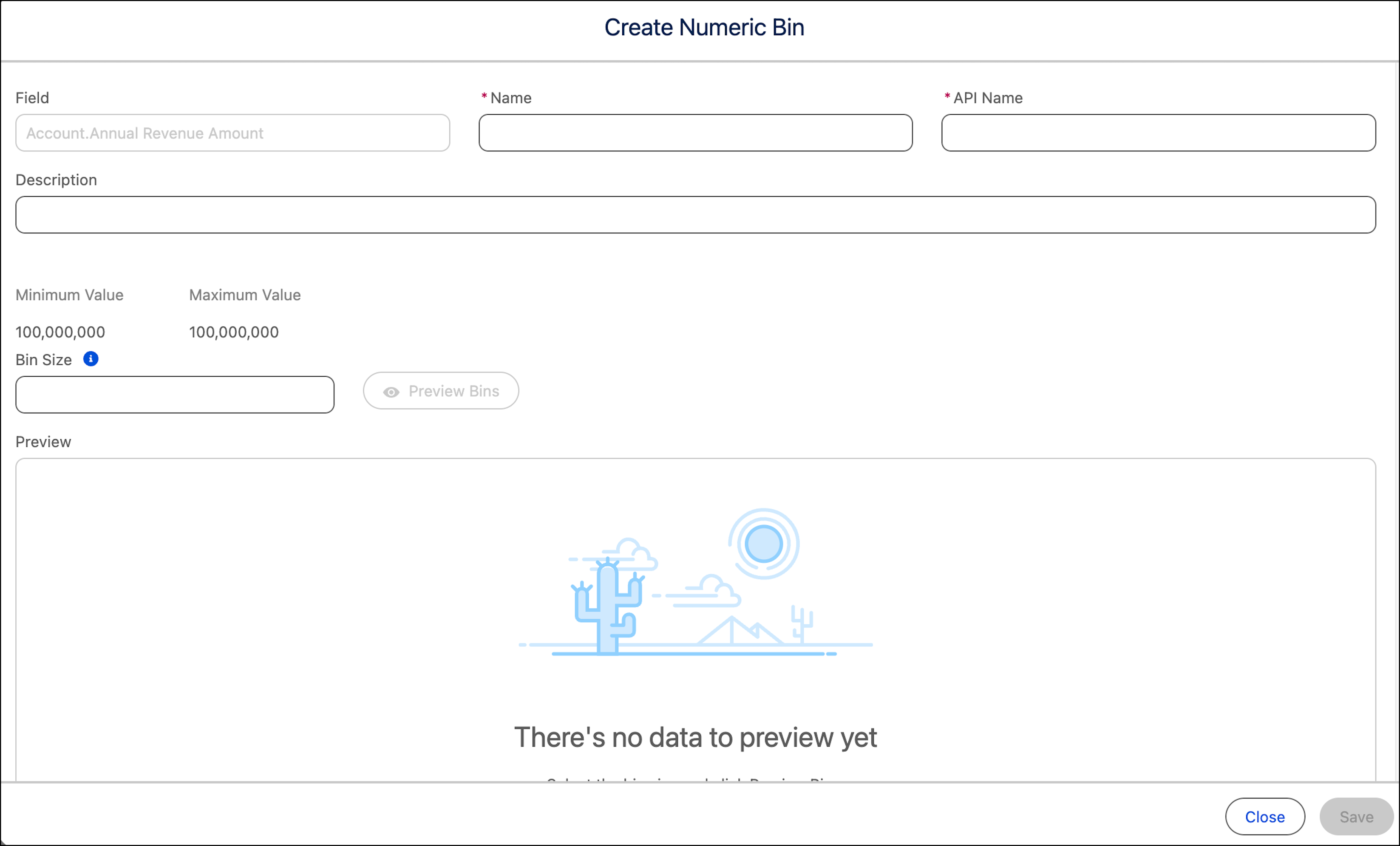 Information fields in the Create Numeric Bin screen