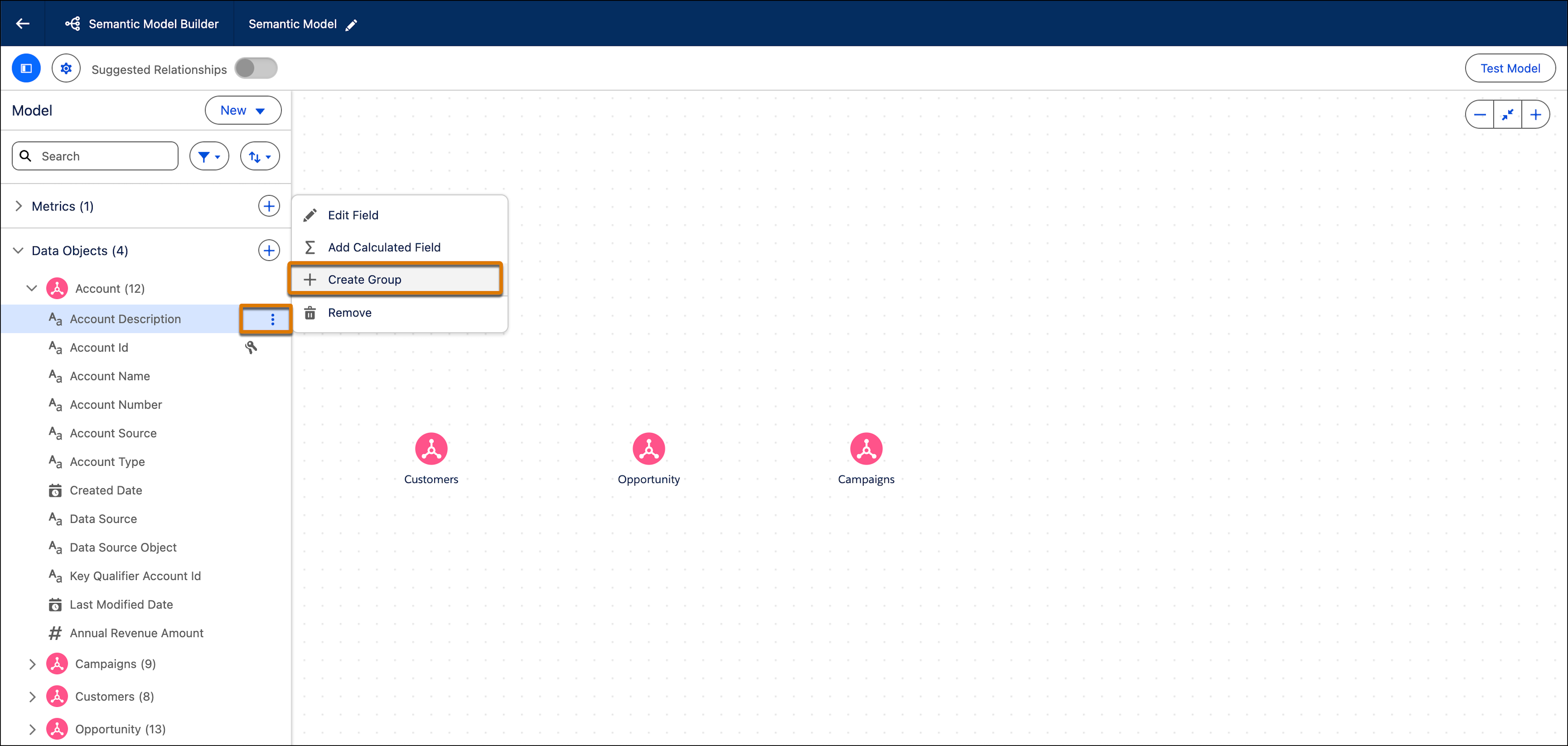 Selecting Create Group in the Semantic Model Builder