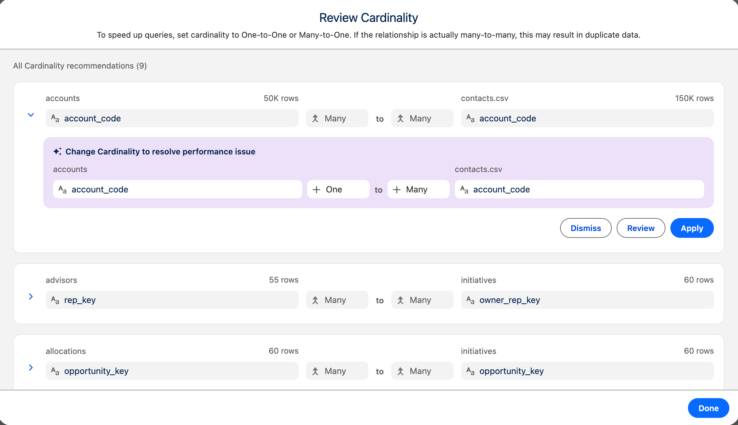 Review and apply cardinality recommendations