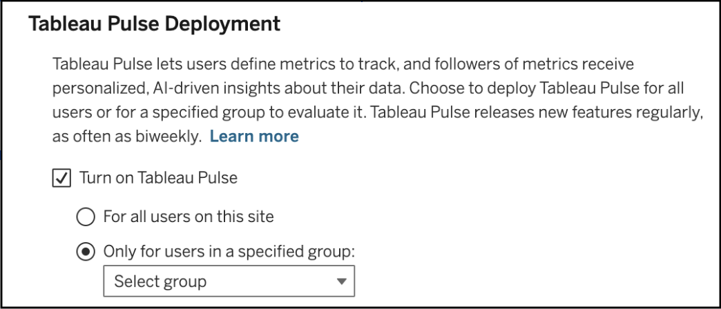 Ventana de implementación de Tableau Pulse