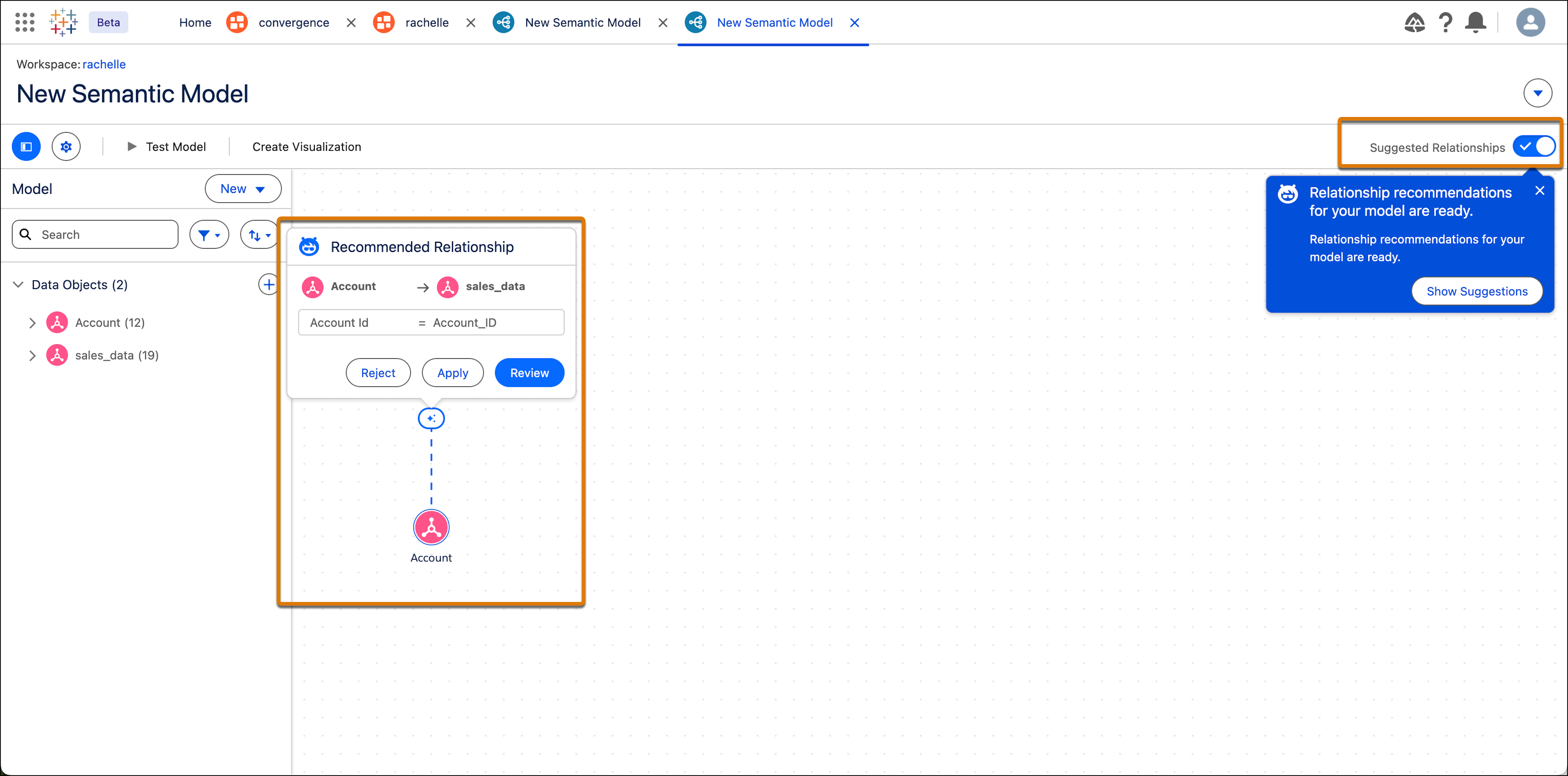 Semantischer Modellgenerator mit einer empfohlenen Beziehung
