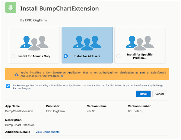 The Salesforce package installation page for the AgentExchange app package, with options to install for all users or admins only.