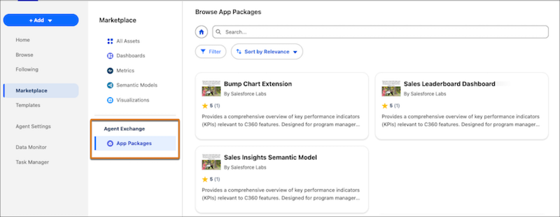 The Tableau Next Marketplace with AgentExchange app packages.