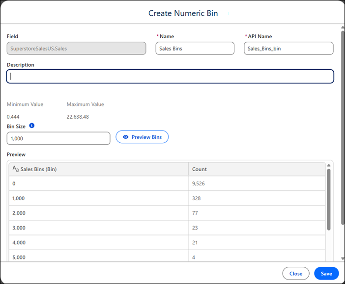 Tableau Next Create Bin dialog