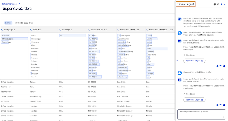 The Tableau Agent for agentic data transforms on a data lake object.