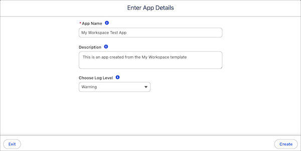 The app details window for creating an app from a template