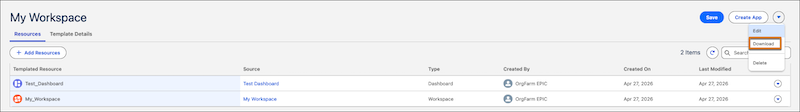 The Download action for a template