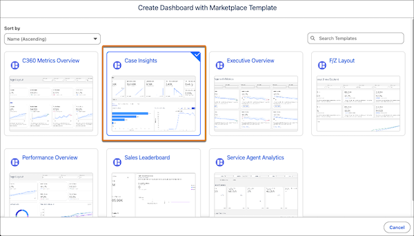 Tableau Next Marketplace with the Case Insights template selected.