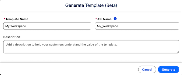 The Generate Template window to set the template name and description