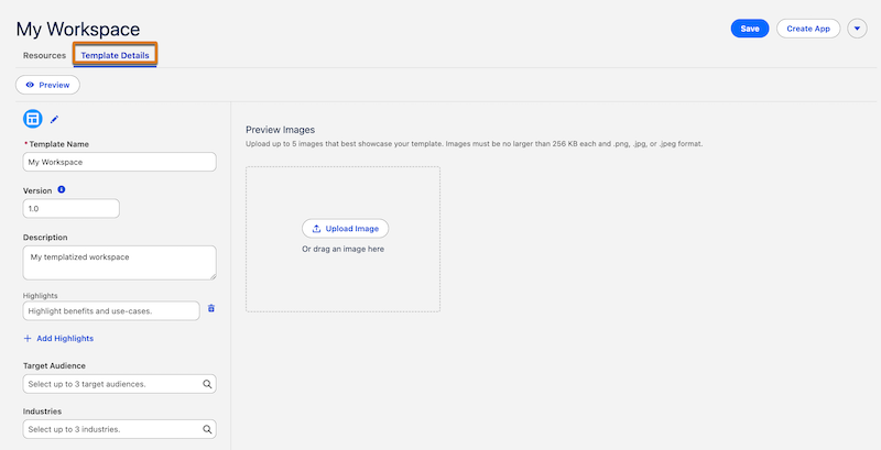The Template Details tab for a Tableau Next template