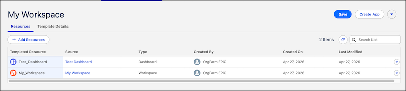 The Resources tab for a Tableau Next template