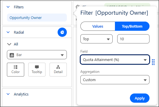 Top/Bottom filter configured to rank sales representatives by quota attainment (%) in a radial bar chart
