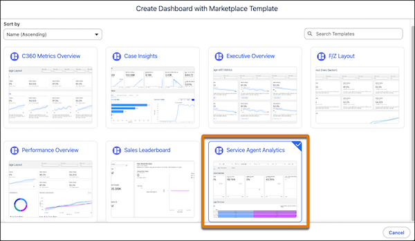 Tableau Next Marketplace with the Service Agent Analytics template selected.