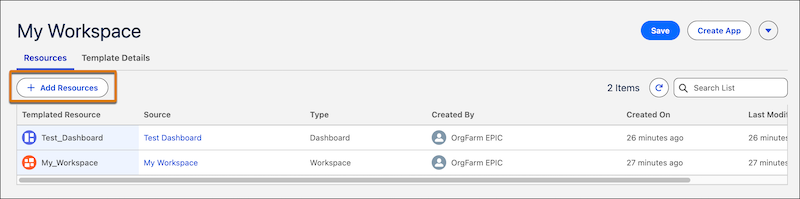 The Add Resources action for a template