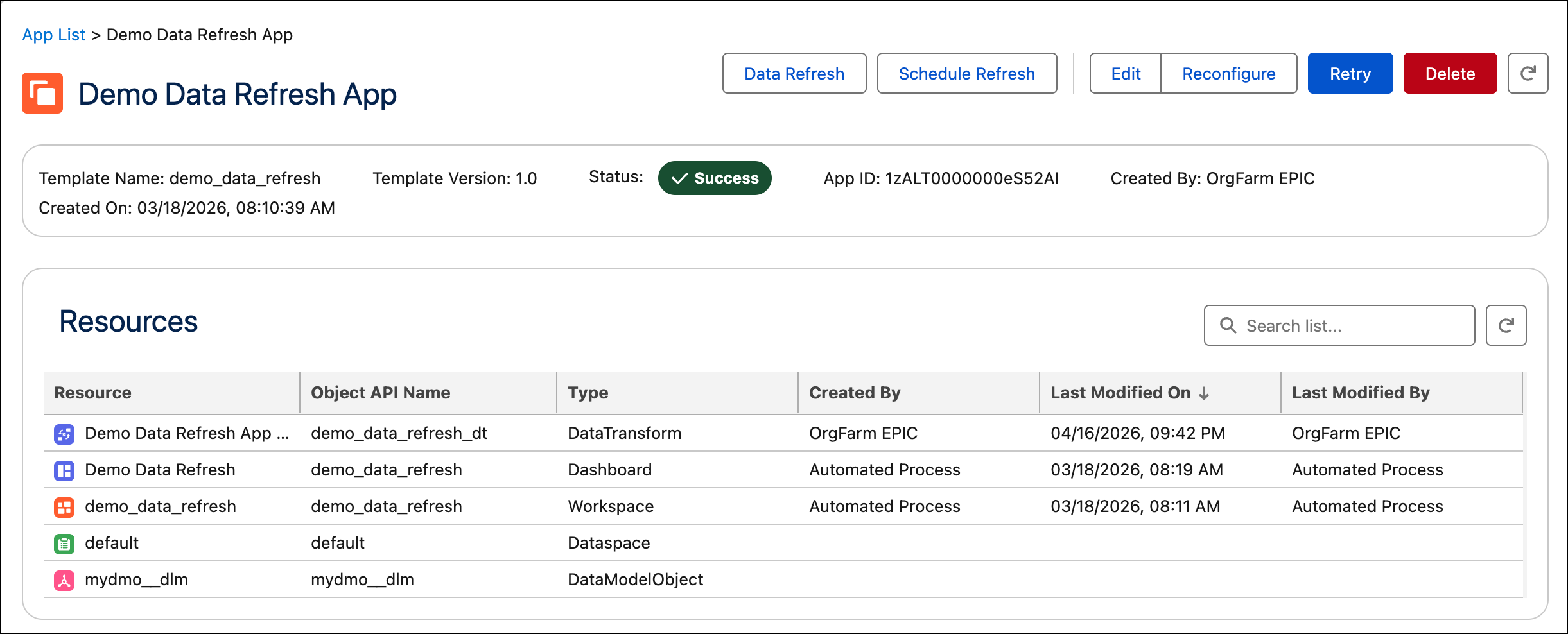 The App detail page showing the header, app actions, and the list of installed app resources.