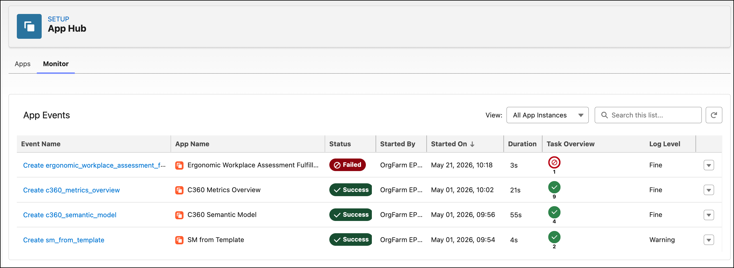 The Monitor tab with a list of app event details.