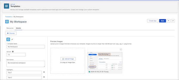 The details tab for a custom template with template builder functionality.