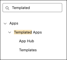 Una búsqueda Configuración mostrando el nodo Aplicaciones con plantilla ampliado a Núcleo de aplicación y Plantillas.