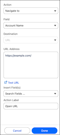 El panel de configuración Navegar a con parámetros de URL.