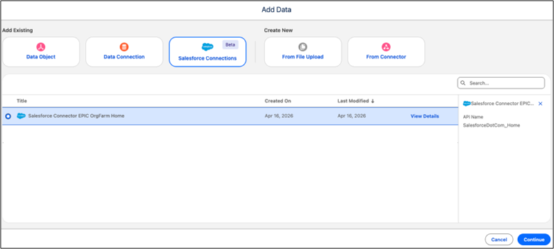 Sélection d'une organisation pour le connecteur Salesforce Connections.