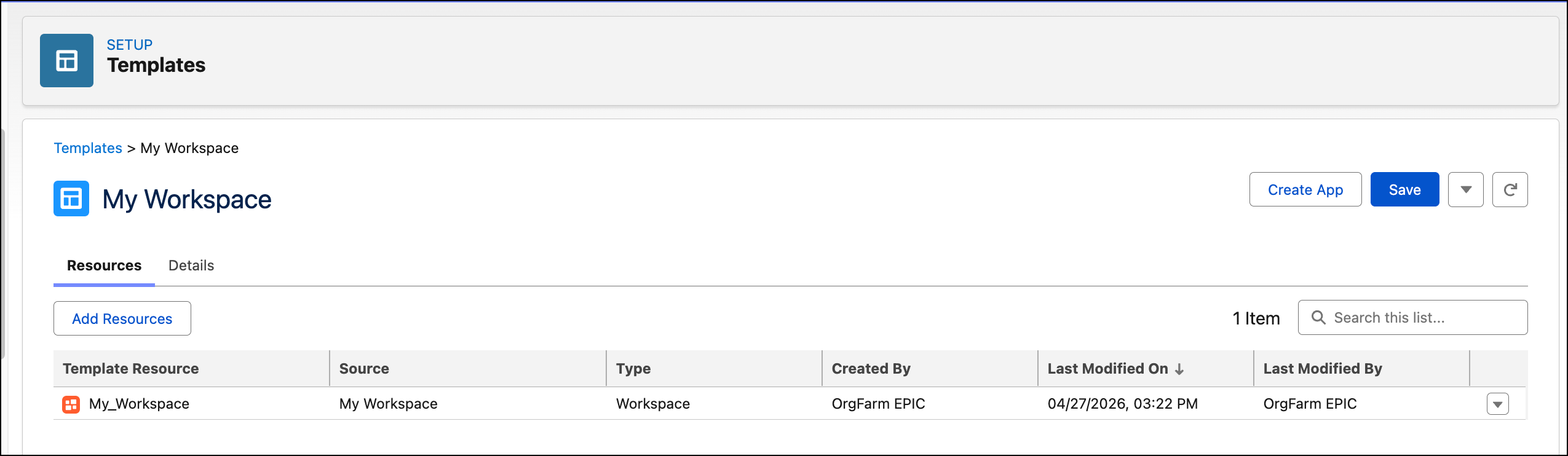 L'onglet Ressources d'un modèle fourni par Salesforce, qui répertorie l'espace de travail, le modèle sémantique et les actifs de visualisation.