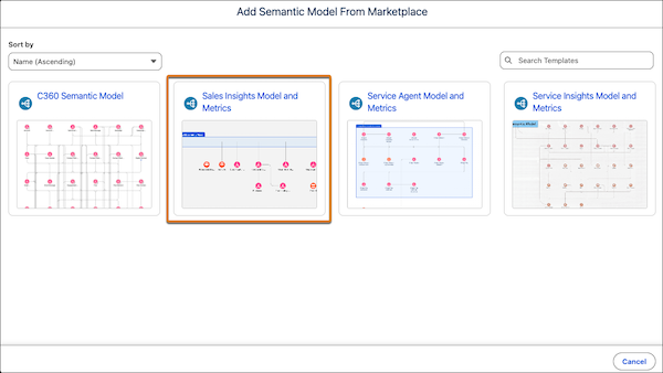 Sélectionnez le modèle Sales Insights Model and Metrics.