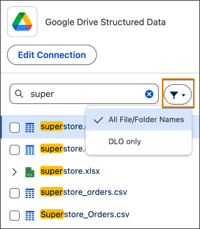 Bestandszoekresultaat voor een Google Drive-verbinding.