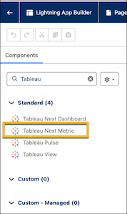 De component Tableau Next Metric (Volgende meetgegeven) in het componentenpalet van Lightning Appsamensteller.