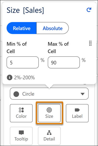Opções de alternância de codificação de tamanho no Tableau Next