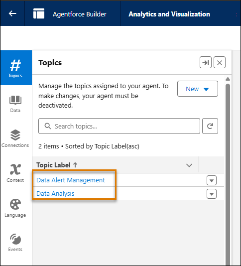 Rutan Agentforce Builder med ämnena Hantering av datavarningar och Dataanalys markerade.