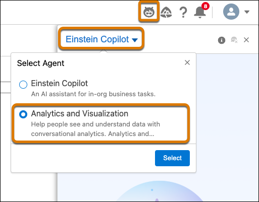Dialogrutan Välj agent visar att välja Analytics- och Visualiseringsagent inom Agentforce i Tableau Nästa