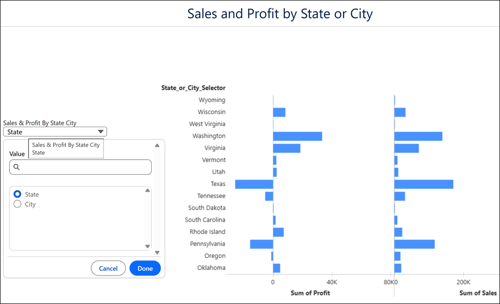 Tableau Next-parametervælger i et dashboard