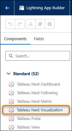 Selecting the Tableau Next Visualization component from the Lightning App Builder component palette.