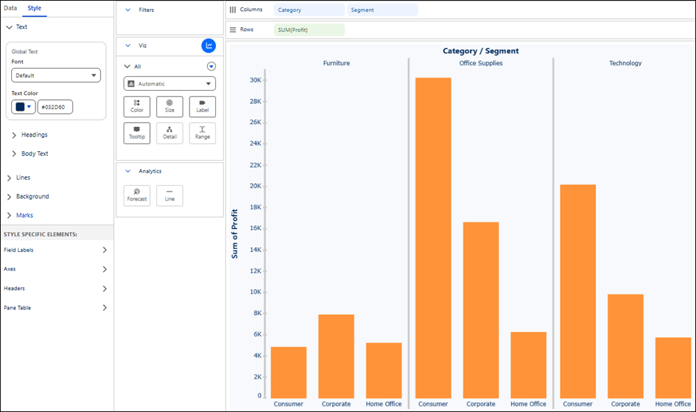 Visualization in Tableau Next with visualization-level style settings in the Style pane