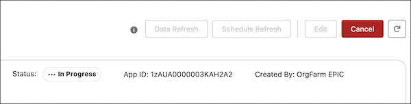 The app detail page for an In Progress app showing the cancel action.