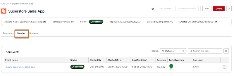 The app detail page showing the Monitor tab with a list of app events.