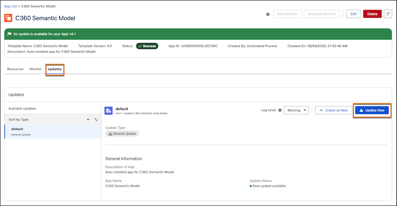 The app detail page showing the Updates tab with a new version of the template and the Update Now action.