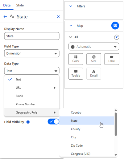 Field properties with State selected as the geographic role.